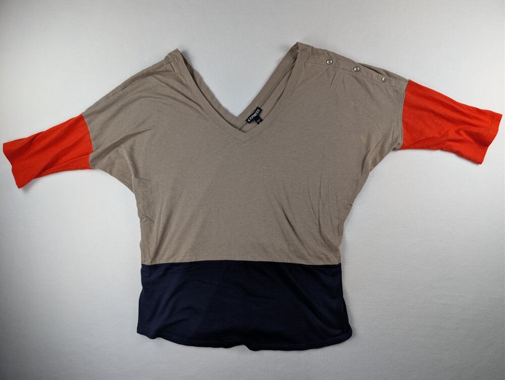 Express Women’s Medium Colorblock Dolman Sleeve V-Neck Top Orange Taupe Navy